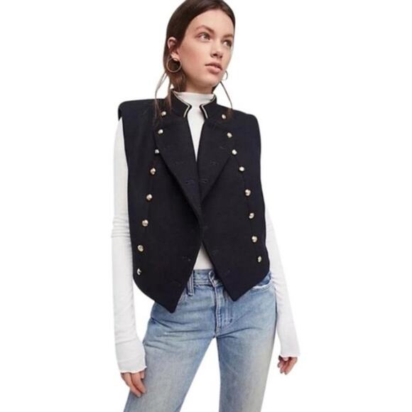Free People Jackets & Blazers - FREE PEOPLE Cropped Wool Blend Padded Shoulder  Military Vest Navy Blue XS